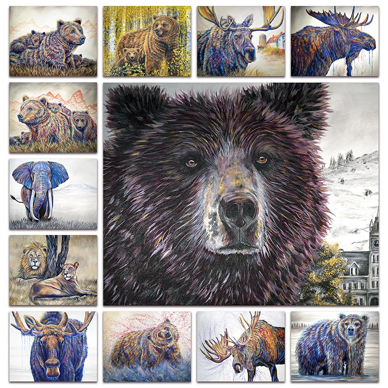 

5D Full Square Diamond painting embroidery Cross stitch Animals bear deer horse wolf elephant lion elk 3D DIY Round Drill mosaic