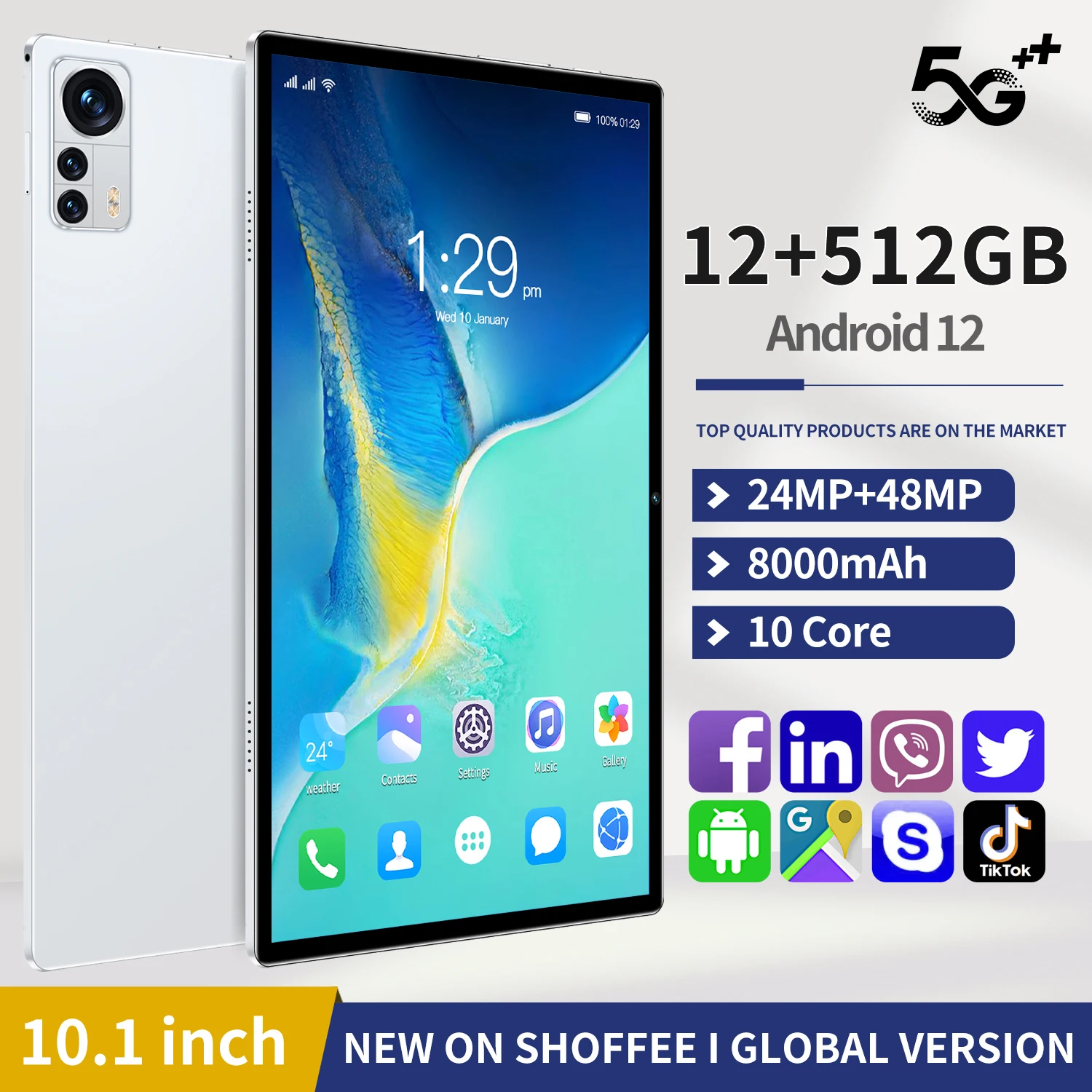 

Pro 10.1 Inch Tablets Octa Core 12GB RAM 512GB ROM Android 11 Google Play Dual 5G Network GPS Bluetooth WiFi Tablet PC