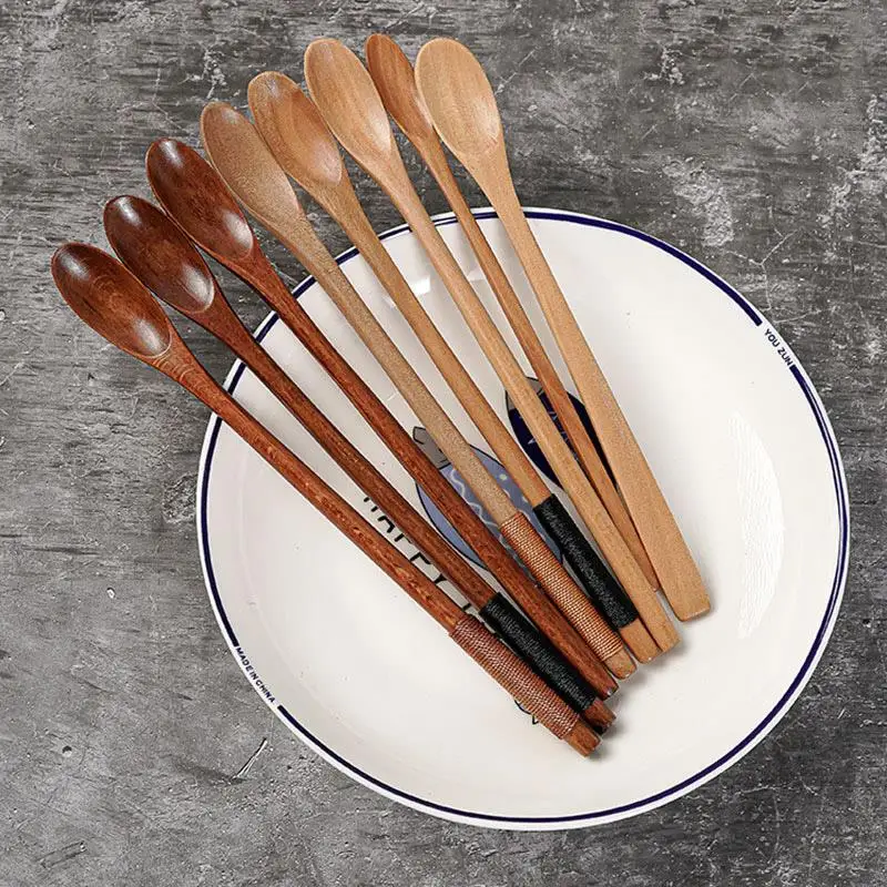

Natural Wooden Spoon With Long Thin Handle Stirring Rod Mixing Spoons Dessert Coffee Tea Honey Supplies Kitchen Tools Tableware
