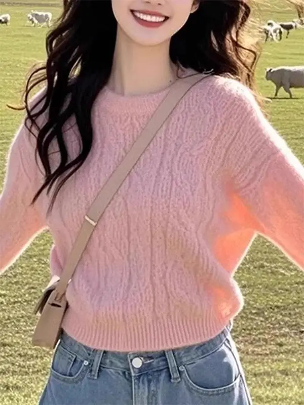 Французский сладкий розовый пуловер с круглым вырезом женский осенне-зимний
