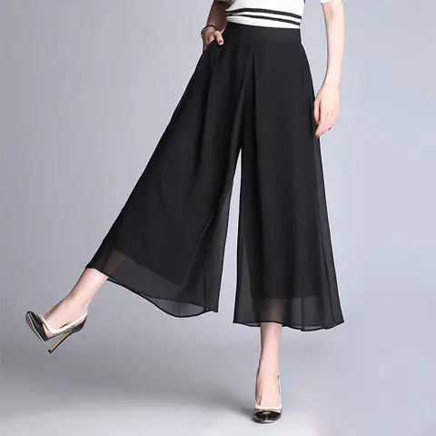 

Women 2022 Summer Clothing Calf-Length Wide Leg Pants Female Elastic Waist Trousers Ladies Loose Chiffon Pants H15