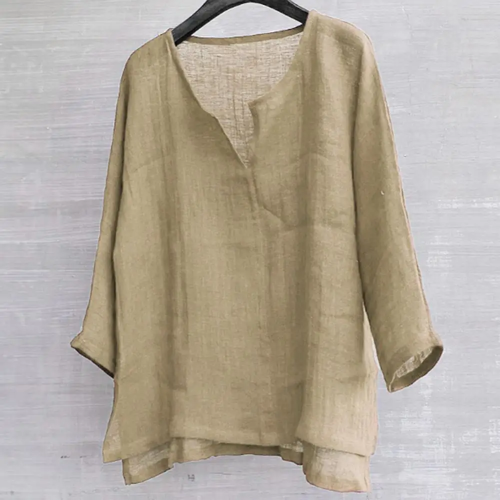 

Cotton linen T Shirt Khaki 3/4 Sleeve Tops For Women Men Summer Solid Color Loose Round Neck Shirts Tai Chi Yoga Casual Clothes