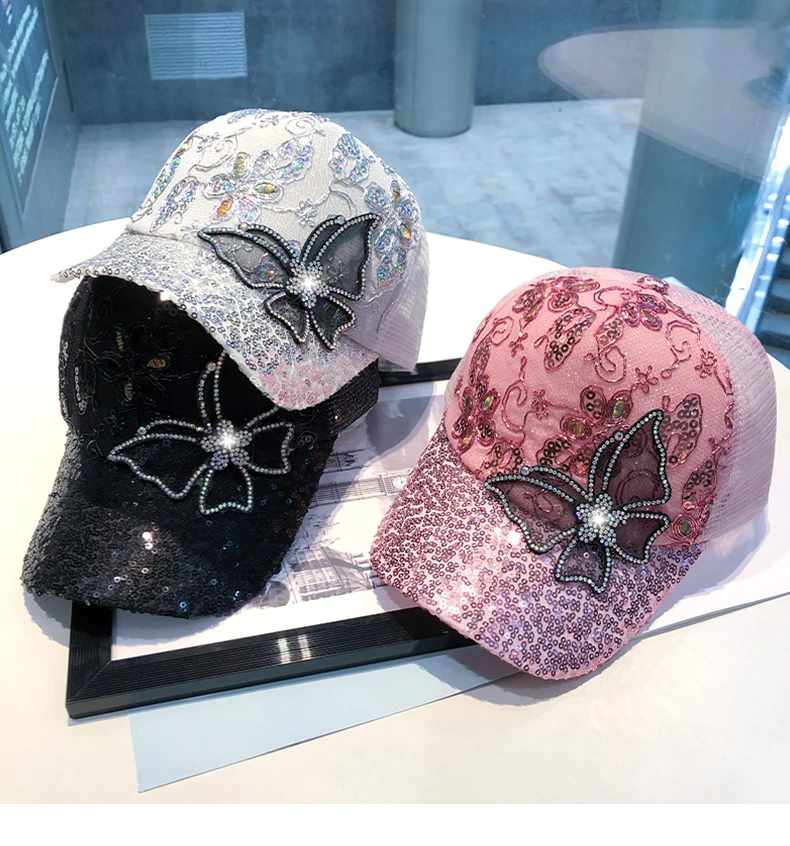 2022 Spring Summer New Fashion Hat Women's Sweet Mesh Diamond Butterfly Baseball Cap Personalized Sequined Viseras Caps images - 6