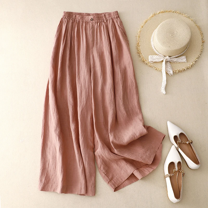 

Брюки Limiguyue женские с широкими штанинами, повседневные универсальные свободные штаны с эластичным поясом, этнические винтажные хлопково-ль...