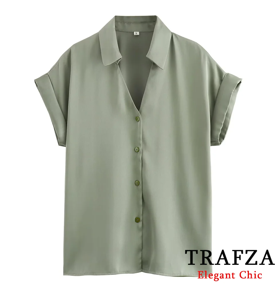 Рубашка Женская атласная с коротким рукавом и V-образным вырезом