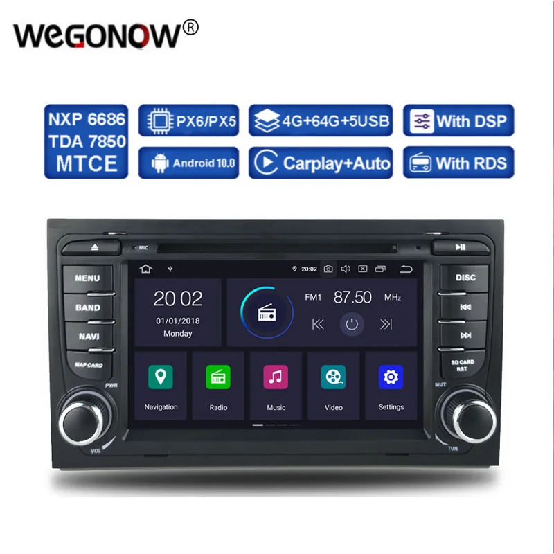 Автомобильный DVD-плеер DSP PX6 IPS Android 10 4 ГБ ОЗУ + 64 Гб GPS карта RDS радио Bluetooth Wifi для AUDI A4
