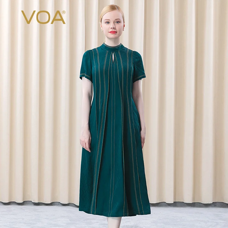 

VOA 100% Pure Silk Jacquard Contrast Arch Needle Hollow Three-dimensional Dresses Stand Collar Short Sleeve Long Dress AE677