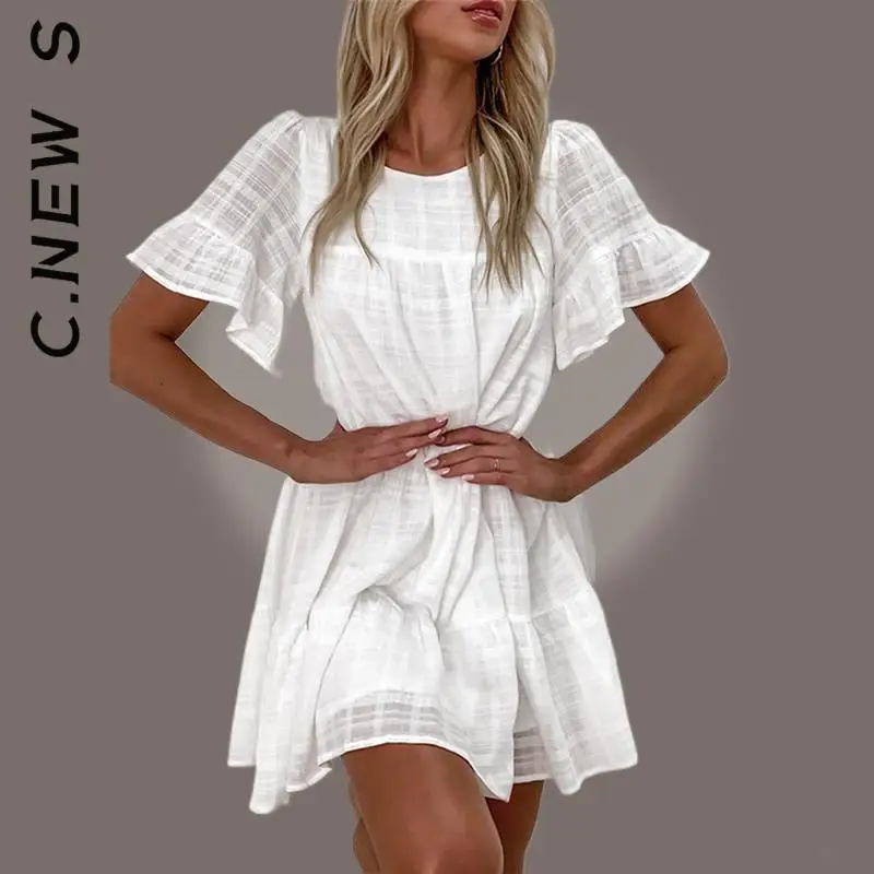 

C.New S Dress Women New Boho White Cotton Summer Dresses Holiday Slim Outfits All-Match Elastic Dresses Woman Vestidos Female