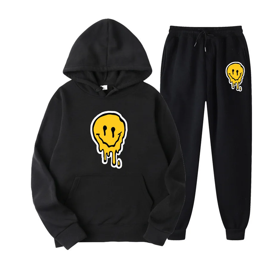 

Punk style couple hoodie suit chic smiley face pattern casual wear Harajuku loose preppy fashion simple hooded sweatshirt suit