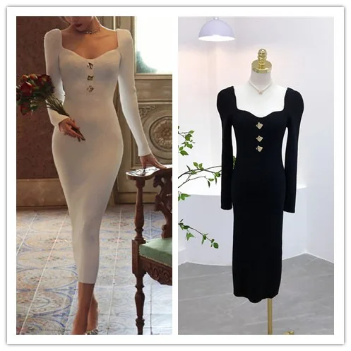 

Белое модное вязаное женское длинное платье с пышными рукавами и квадратным вырезом, женские платья-футляры