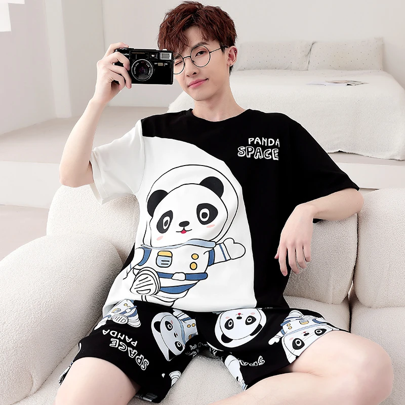 Summer Cartoon Sleepwear Pajama Sets For Women Men Korean Cotton Cute Panda Printing Pyjama Suit  Leisure Homewear Suit