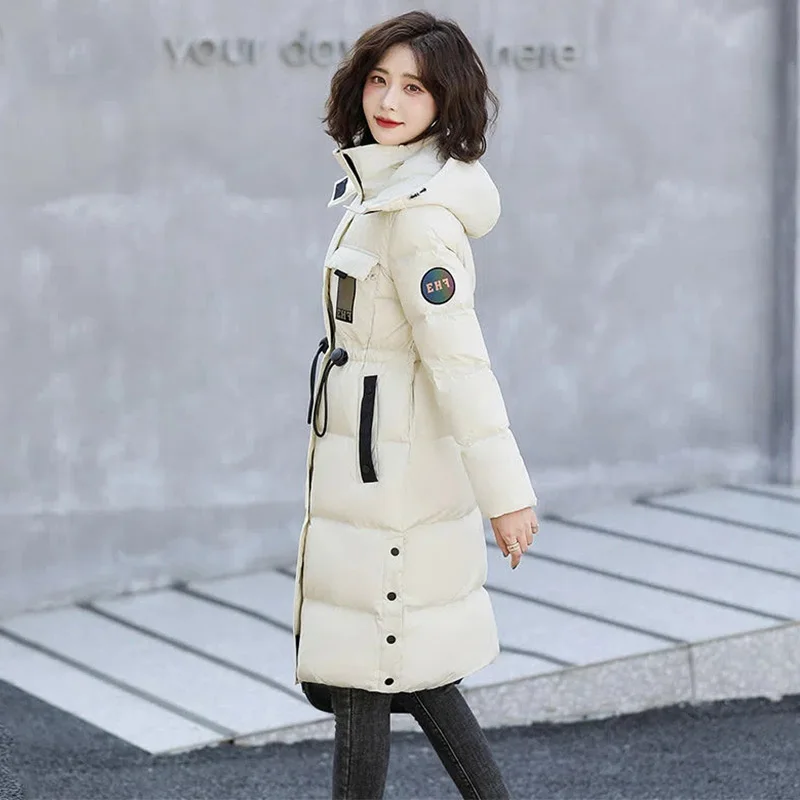 Bright Face Down Jacket Women's 2022 New Mid-Length Hooded Fashion Parkas Pull Rope Waist Thick Warm White Duck Down Coat Female