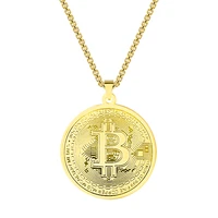 bitcoin pendant necklace for women men goldensilver color stainless steel metal circle bitcoin pendant long choker