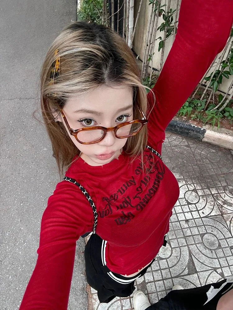 

Harajuku Y2k Slim Letter Print Women Tshirts Sweet Casual Japanese Fashion Crop Top Grunge Vintage Long Sleeve Tee Shirts Femme