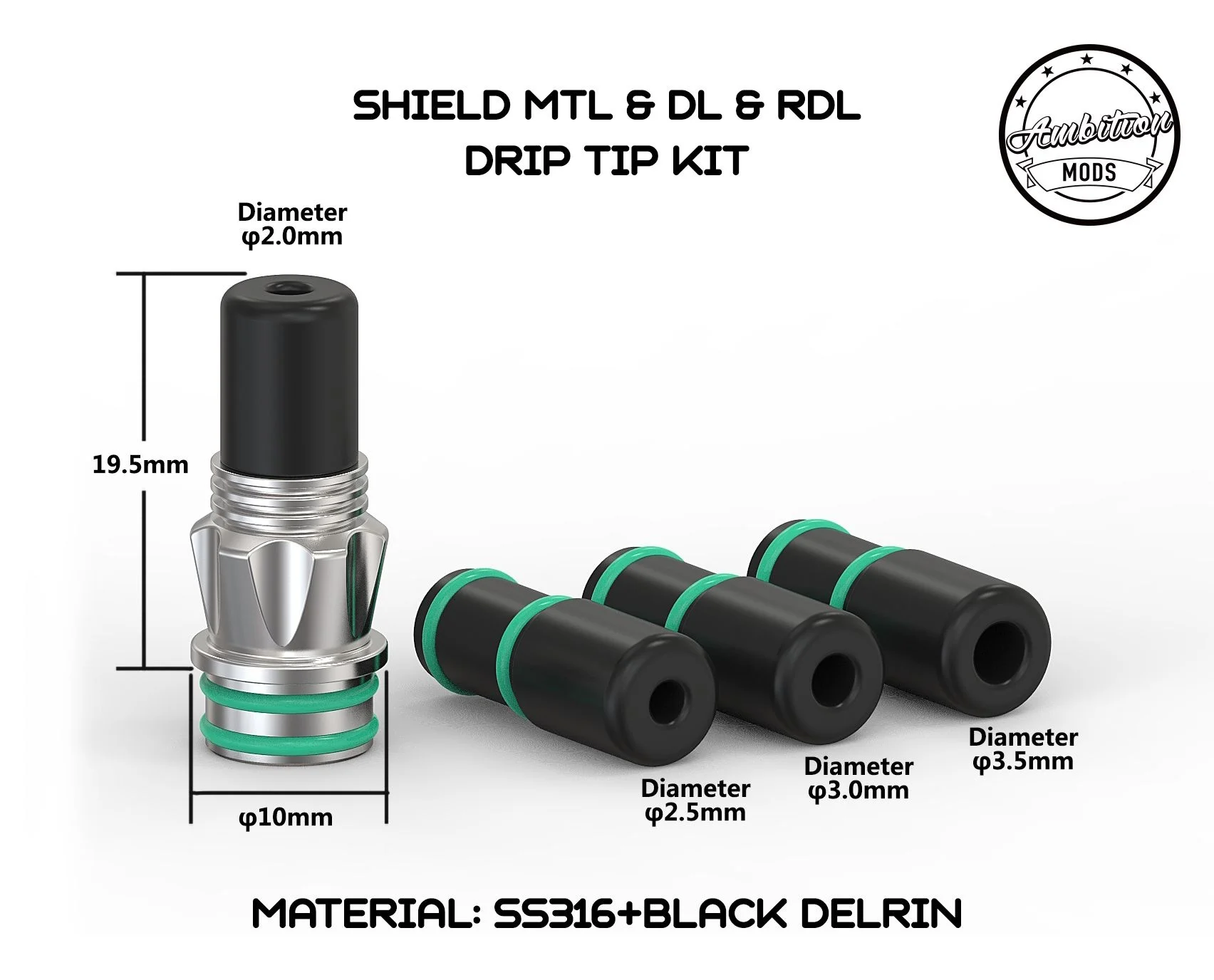 

YFTK Ambition Mods Shield MTL&DL&RDL Drip Tip Kit 3 In 1 2.0mm/2.5mm/3.0mm/3.5mm Diameter Hole for BB Mod Billet Box