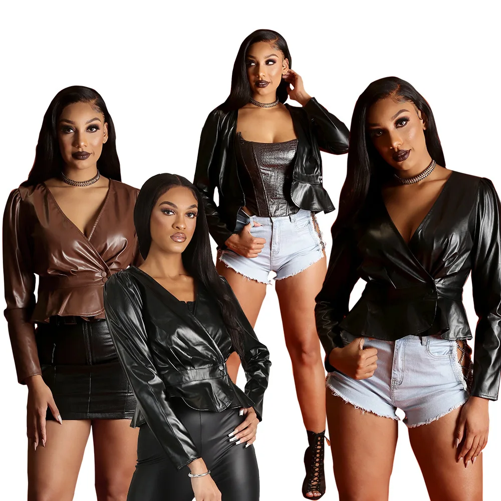 

Women's slim fitting commuter V-neck PU leather coat