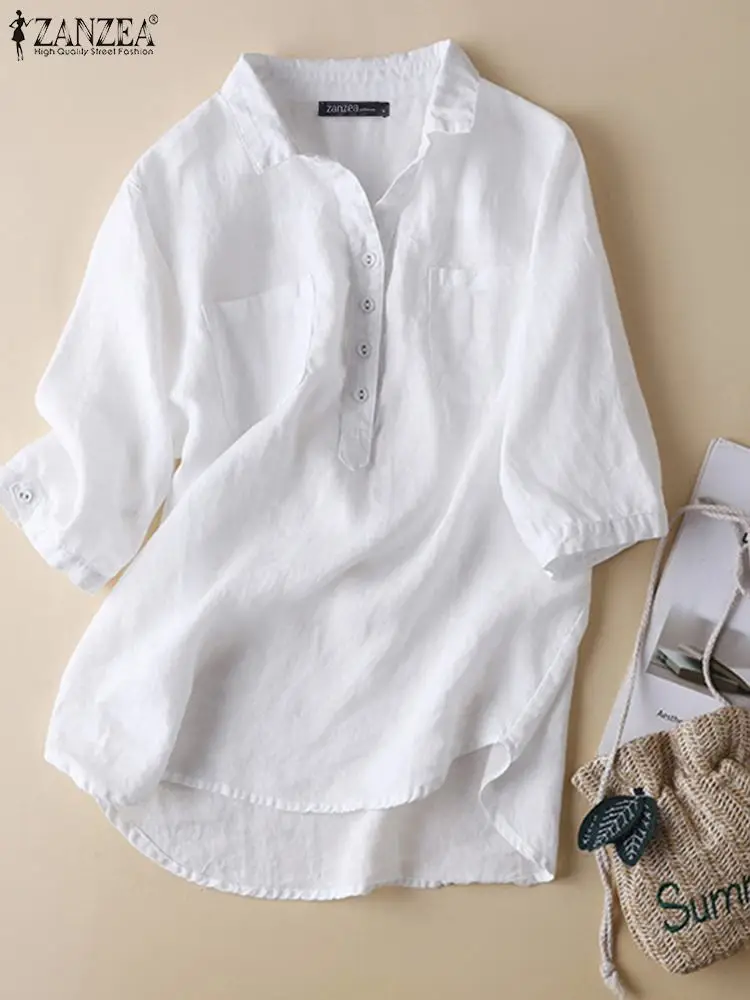 

Oversized Office Irregular Hem Shirts Tunic ZANZEA Casual Half Sleeve Camisas 2022 Summer Vintage Cotton Tops Women Solid Blouse