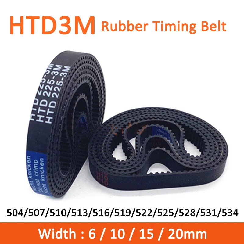 

1pc HTD3M Timing Belt 504/507/510/513/516/519/522/525/528/531/534mm Width 6/10/15/20mm Rubber Closed Synchronous Belt Pitch 3mm