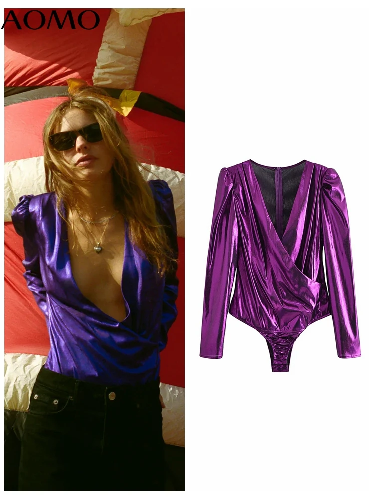

AOMO Women Sexy Fashion Purple with Shoulder Pads Bodysuits Vintage Long Sleeve Female Playsuits Mujer QN59A