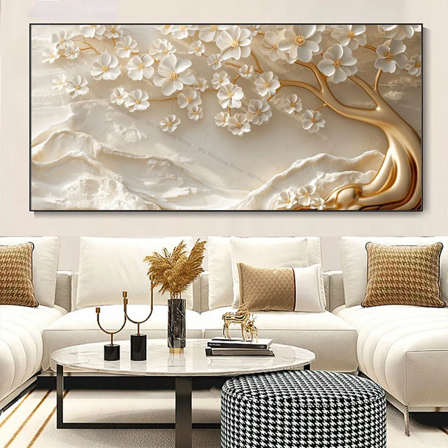 Абстрактные золотые стебли и белые цветочные листья постеры с цветочным деревом