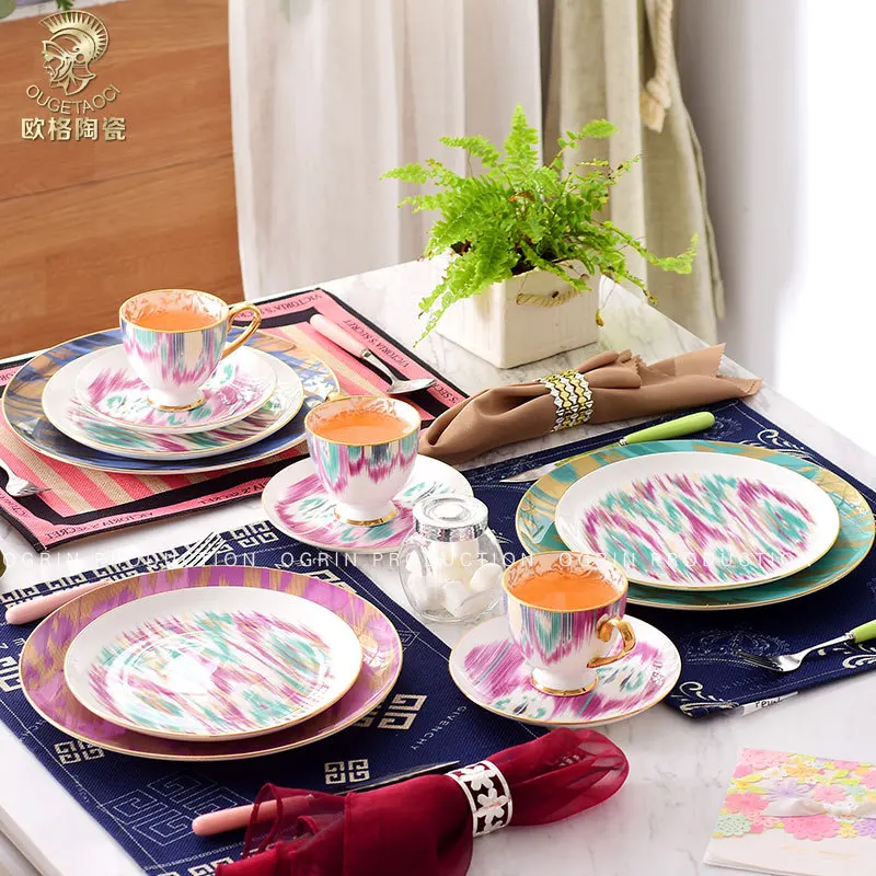 

European modern fresh couple ceramic Western food plate bone china steak ornament tableware decorative cup and plate set