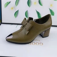 2022 new green pumps women classic black bow tie medium heel slip on spring shoes lady fashion sweet blue party high heel shoes