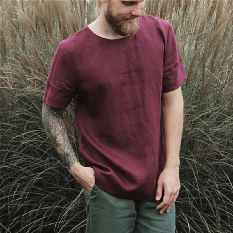 

Men Clothing 2022 Summer New European American Cotton Linen Short-sleeved Men's T-shirt Casual Solid Color Round Neck Top