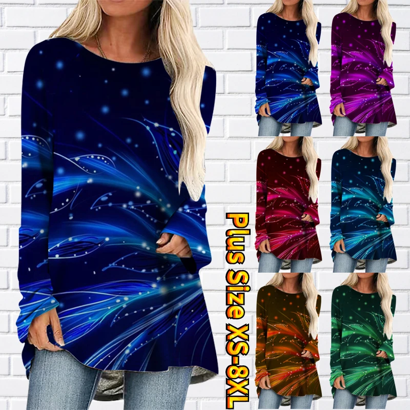 

2022 Fashion Casual Pullover Round Neck Loose Size Tops Tee Shirt Autumn Winter Women Abstract Print Long Sleeve Slim T-shirt