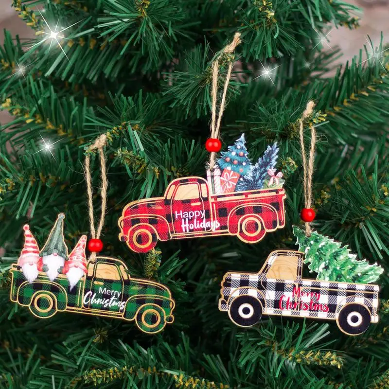 

Christmas Decorations Wooden Plaid Car Tree Ornaments Painted Pendants Wooden Christmas Decorations Christmas Tree Decorations