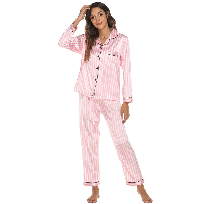 Women 2 Pieces Satin Silk Sleepwear Long Sleeve Sriped Shirts and Pants Pajamas Set