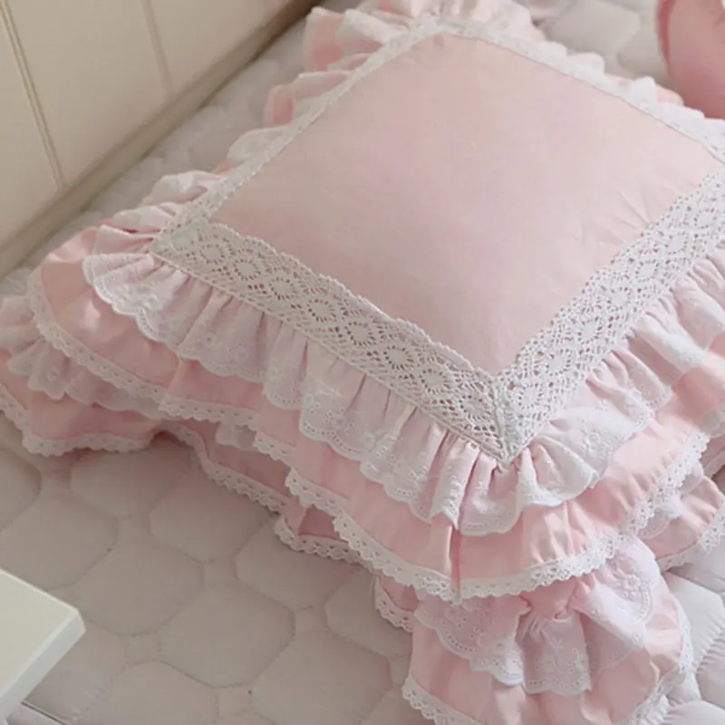 

Lace Cushion Pink Pillow Cover Elegant Sofa Pillowcase European Bedding Cushion Cotton Cover Embroidered Handmade Satin Ruffle