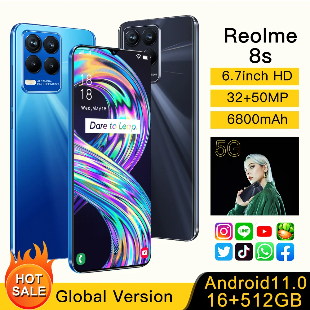 

Original Global Version Reolme 8s Smartphone 6.7Inch Android 11.0 6800mAh 16GB+512GB Moblie Phones 4G/5G Dual Card Cellphones