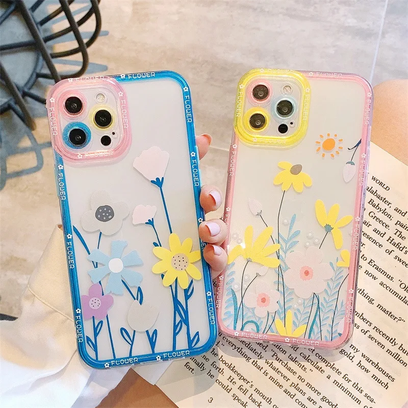 

PUNQZY Summer Cute Flowers All-Inclusive Anti-Fall Soft TPU Phone Case For iPhone 13 12 11 PRO X MAX XR XS 8 7 PLUS Color Cover