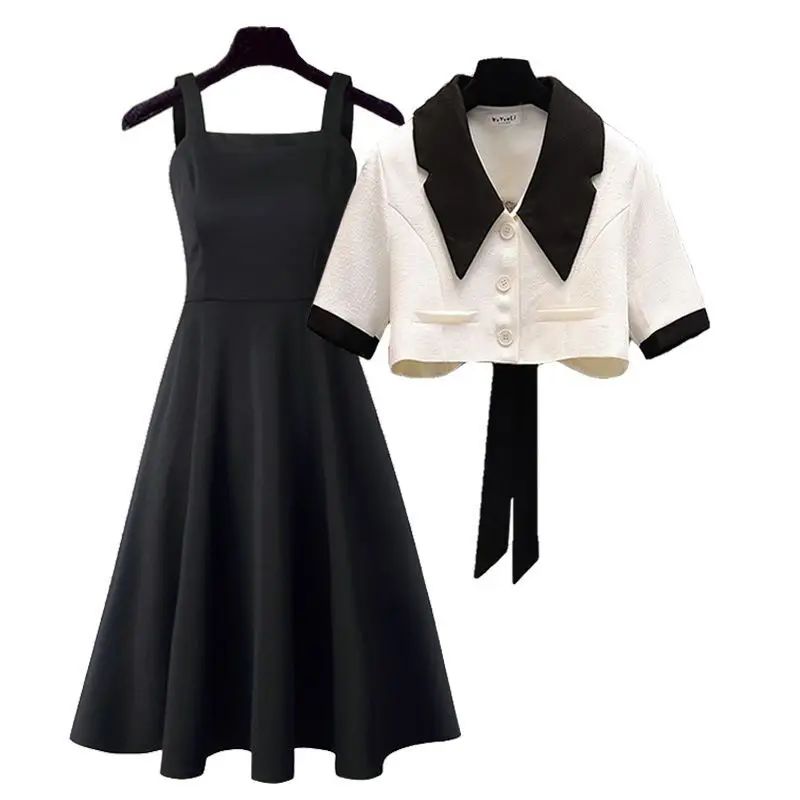 

2023 New Spring and Summer Women's Suit Korean Version Western-style Age Reduction Top Slimming Sling Dress Two-piece Set