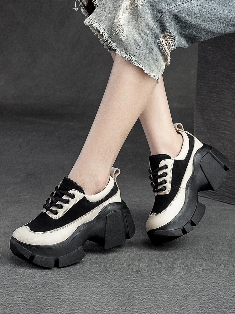 Beffery Women's Chunky Sneakers Genuine Leather Flats Platform Shoes Handmade Round Toe And Lace-up Low-top Sneakers