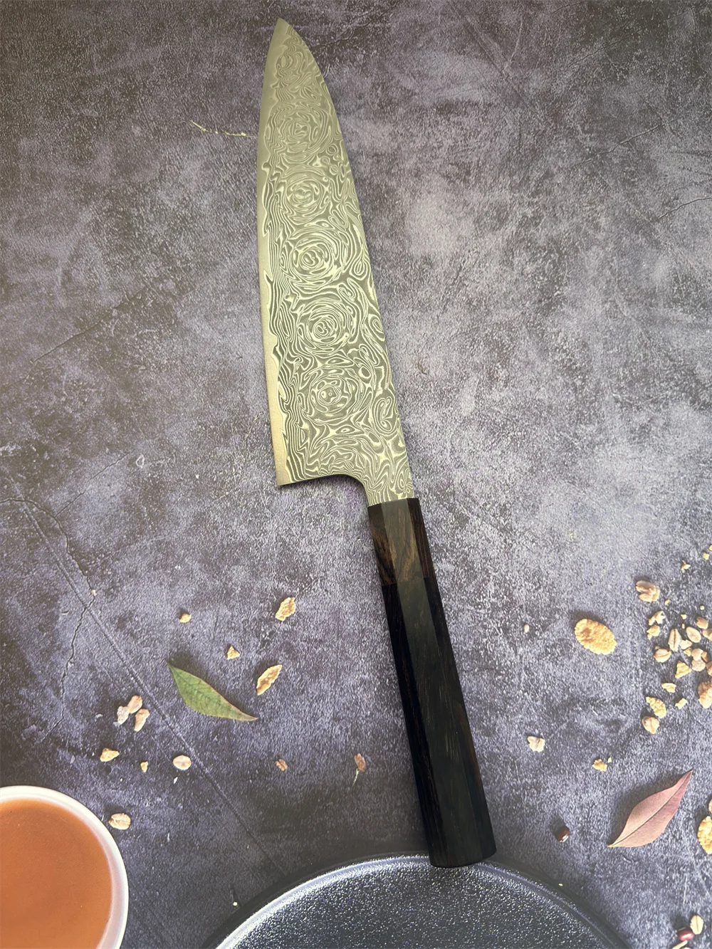Фото Нож RHON Gyuto, 67 слоев, сердцевина из стали VG10, дамасская сталь, рукоять из черного дерева, для японской кухни, для нарезки, разделки, универсальный, поварской нож №3