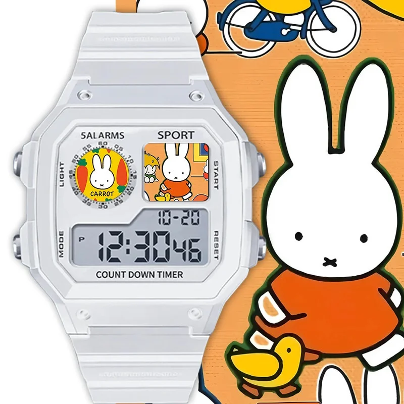 Фото Милые электронные часы Miffy с маленькими квадратиками, универсальная модель для студентов, водонепроницаемые, в подарок, спортивные часы, очаровательные №4