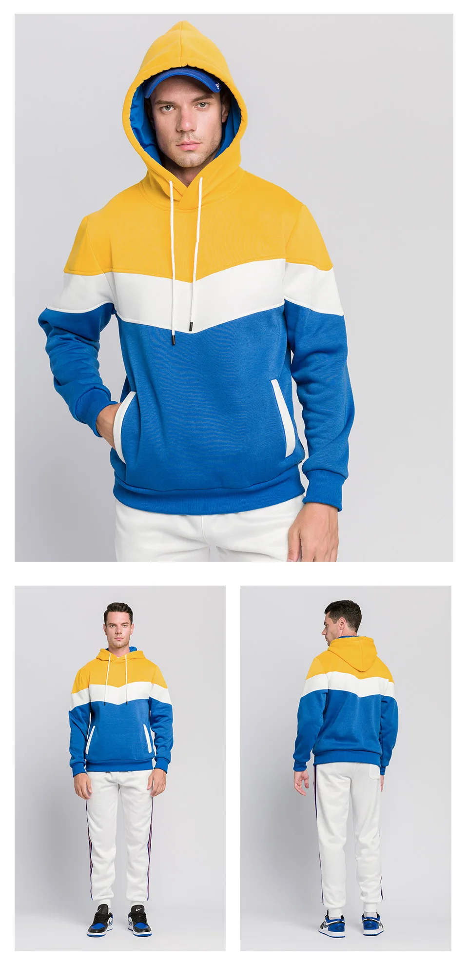 Autumn and winter men's suit casual loose color blocking warm Hoodie+jogging pants