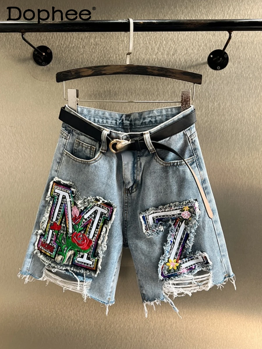 

Street Embroidery Letters Denim Shorts Women Loose 2022 Summer New High Waist Ripped Jeans Shorts Loose Straight Middle Pants