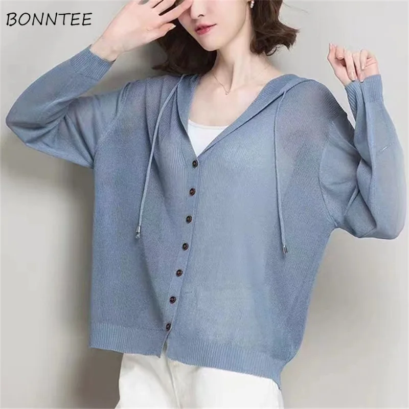

Jackets Women Chic Sheer Sun-proof Outwear Solid Candy Colors Summer Female Hooded Design Simple Fashion Baggy Mujer De Moda Ins