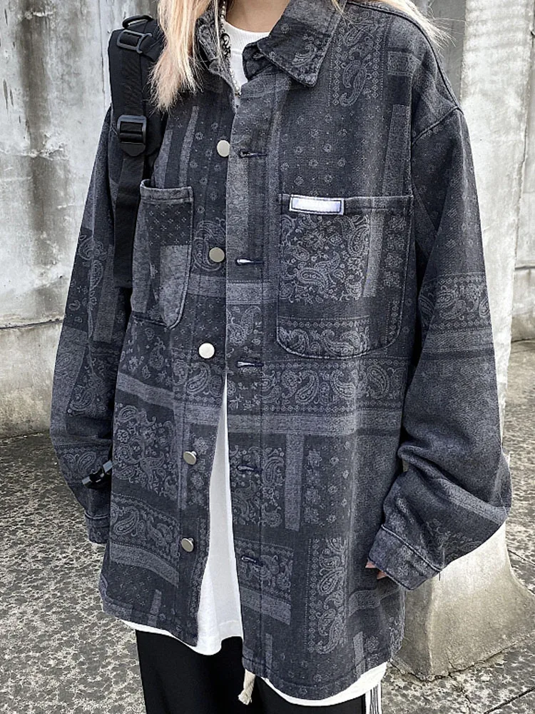 

SONNEESD Harajuku Single-breasted Denim Full Sleeve Coat Vintage Paisley Printing Design Cowgirl Fashion Style Cowboy Jacket