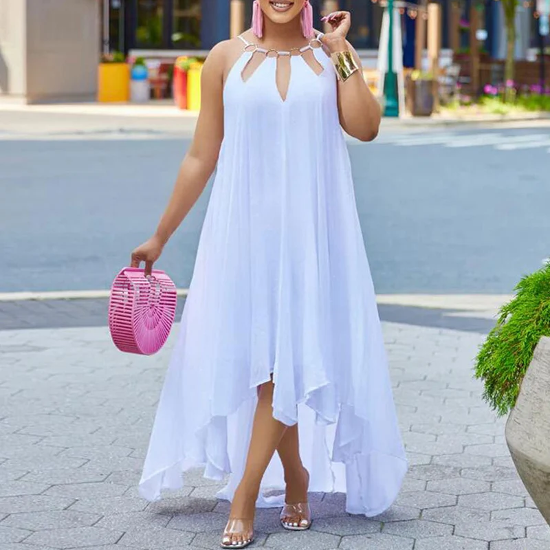 

Casual O-neck Pleat Swing Party Dress Elegant Sleeveless Irregular Women Dress Ladies Sexy Metal Buckle Hollow Beach Long Dress