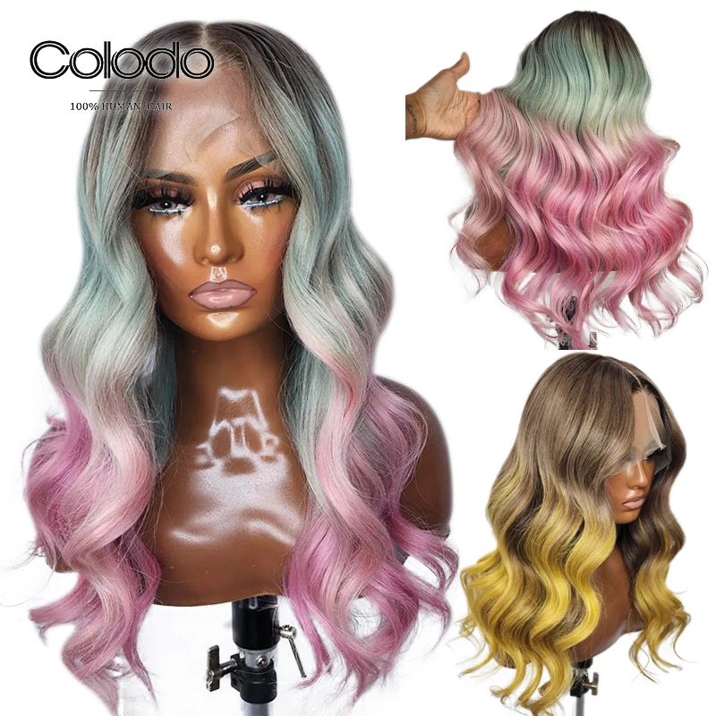 Long Body Wave Pink Yellow Colored Glueless HD Transparent 13X4 Lace Front Human Hair Wigs For Black Women Preplucked Brazilian