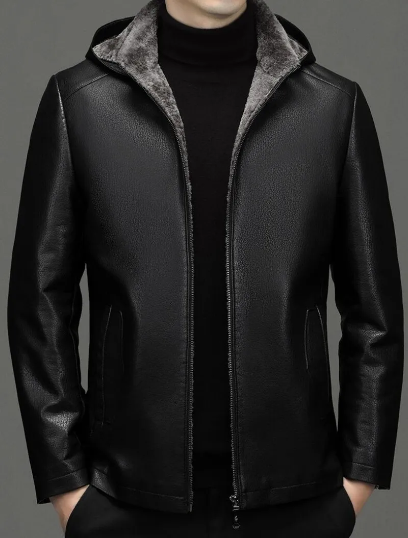 

Мужская зимняя Флисовая теплая кожаная куртка, новинка 2023, мужские деловые повседневные плотные брендовые Куртки из искусственной кожи и замши со съемной шапкой