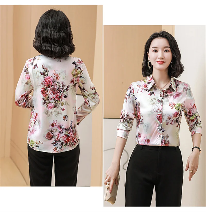 Женская винтажная атласная рубашка с цветочным принтом повседневная роскошная