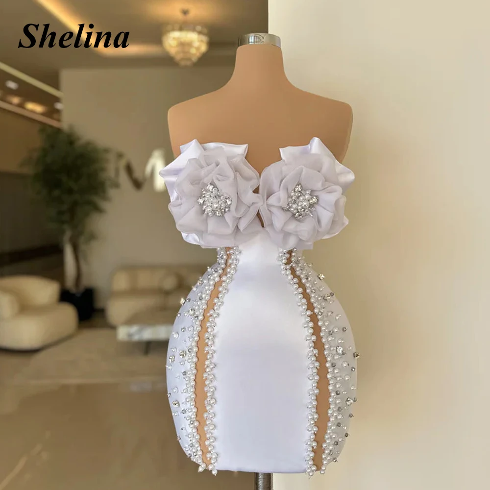 

Shelina Modern Sweetheart Graduation Dress 3D Flower Pearls Crystal Mini Straight Illusion Robes De Soirée Made To Order
