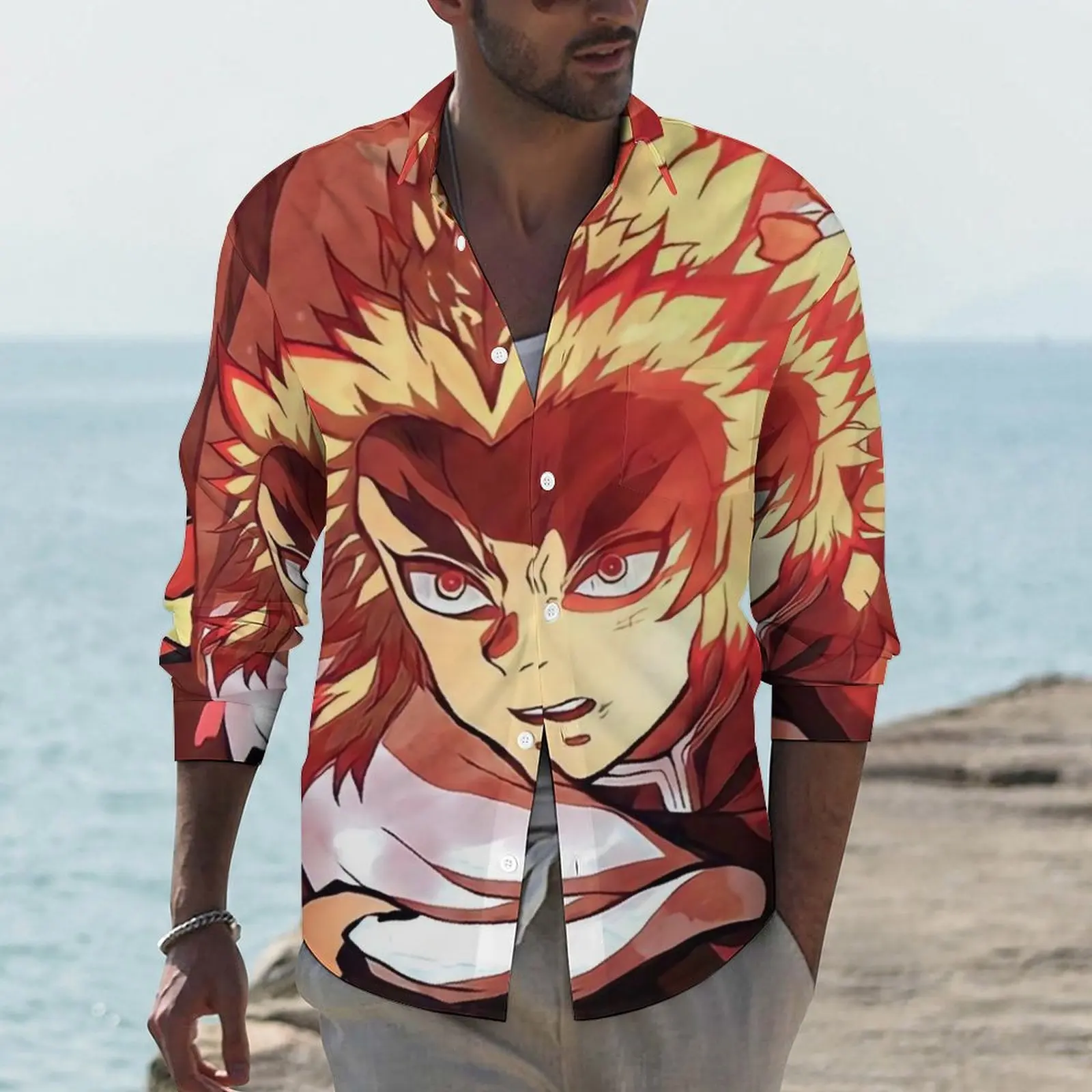 

Demon Slayer Shirt Rengoku Kyojuro Anime Casual Shirts Long Sleeve Graphic Stylish Blouses Spring Vintage Oversized Top