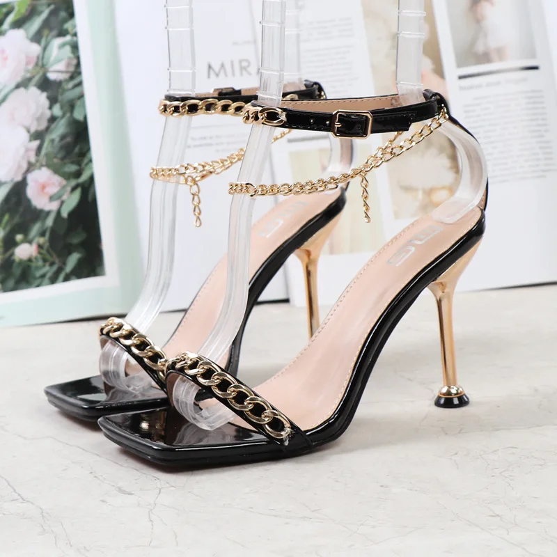 

2022 Shoes Women Ankle Strap Super High Sandals Chain Round Toe Shoes Buckle Thin Heel Ladies Footwear Black Party Shoes 9CM