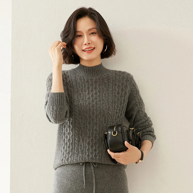 Женский кашемировый свитер 35% кашемир круглый вырез трикотаж витой узор