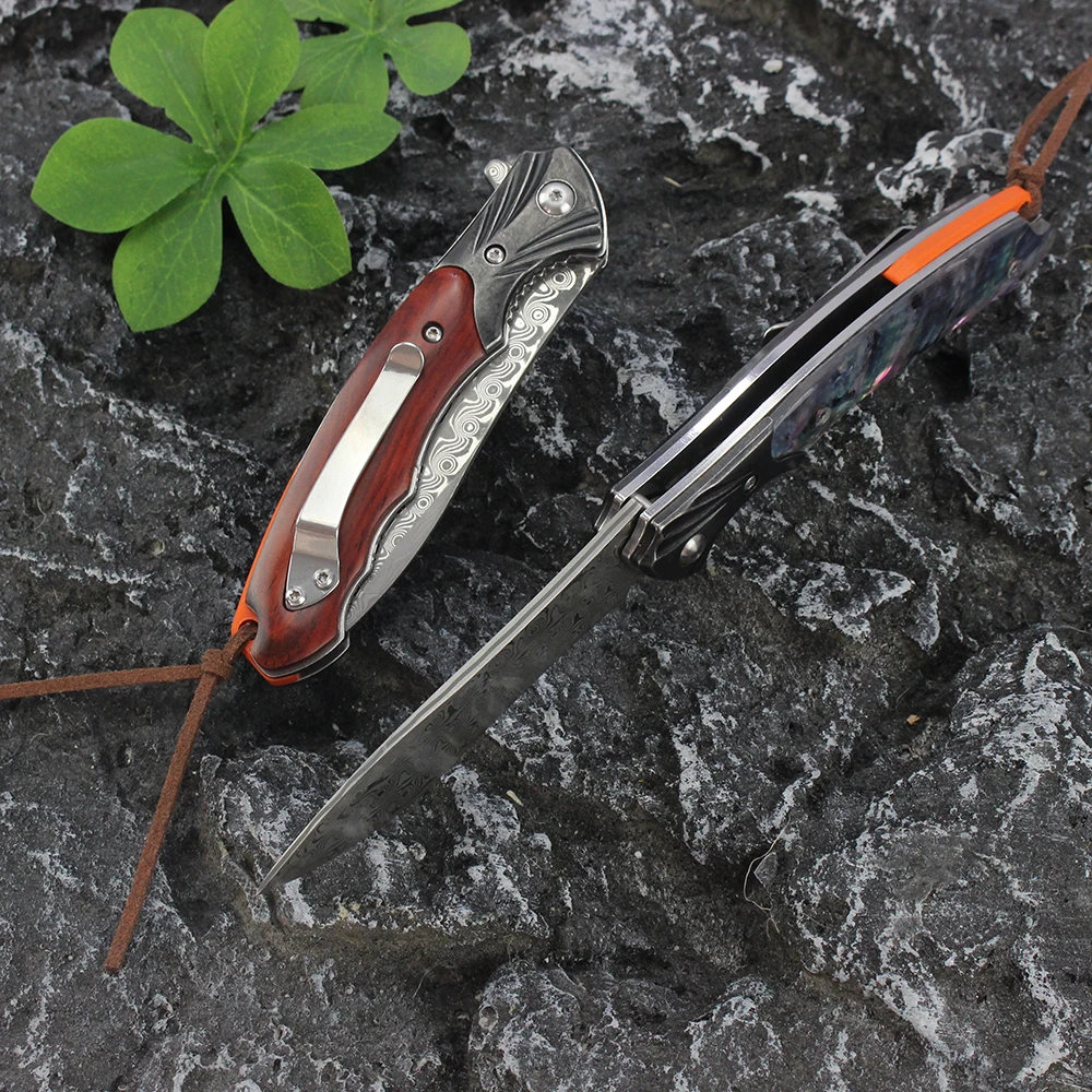 Складной нож из дамасской стали 76 слоев лезвие деревянная ручка